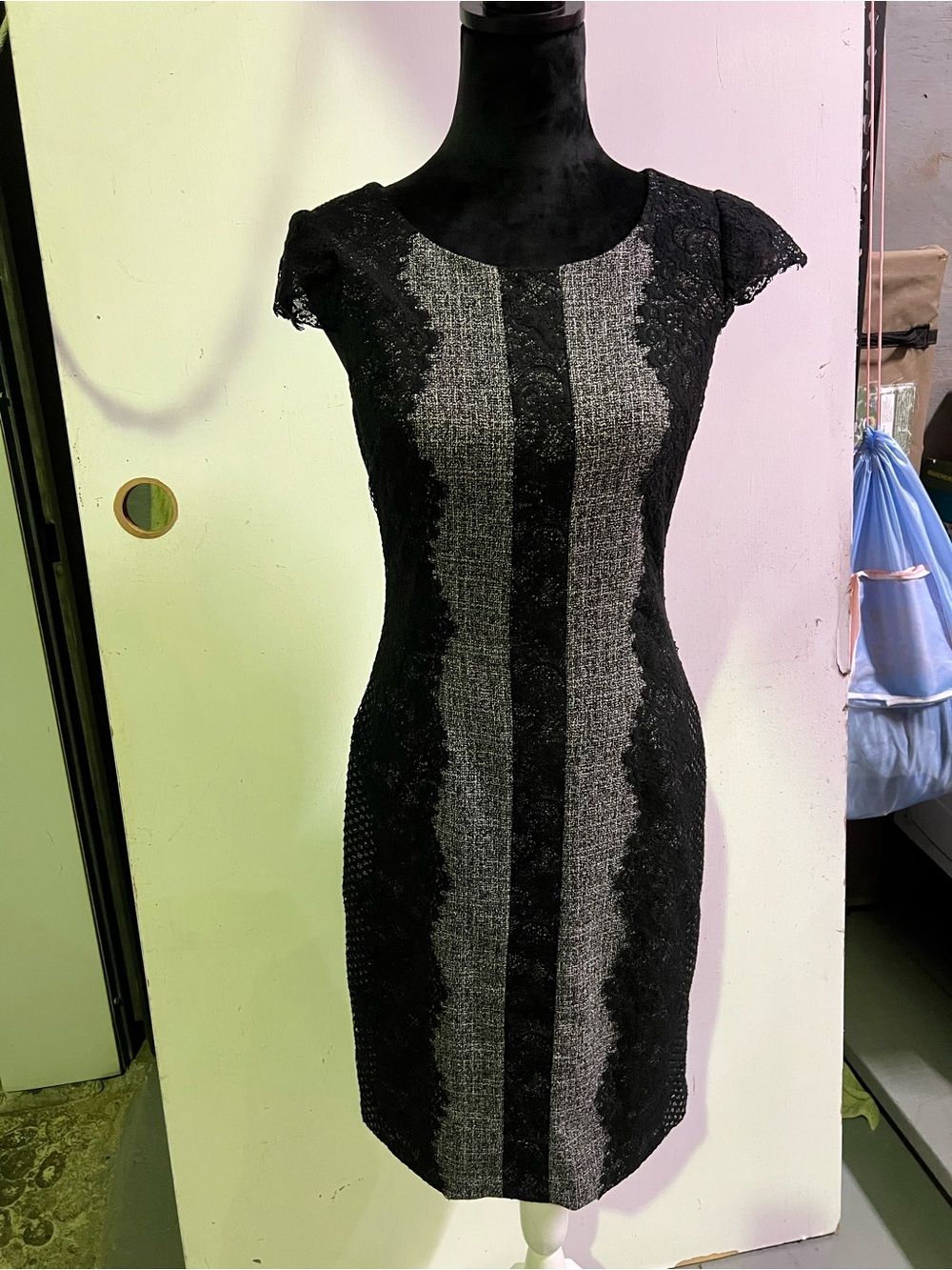 Betsey Johnson Black and Gray Lace-Trim Sheath Midi Dress